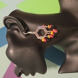 New Handmade Hexagon Shaped Fire Color Natural Stone Dangle Earrings Gift Box